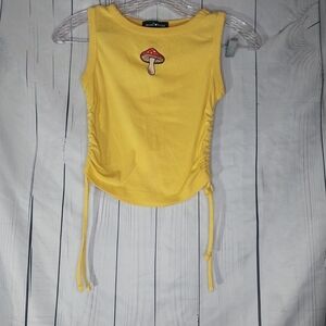 Social Scene Cropped 90's Yellow Sleeveless Top with Mushroom Embroidery